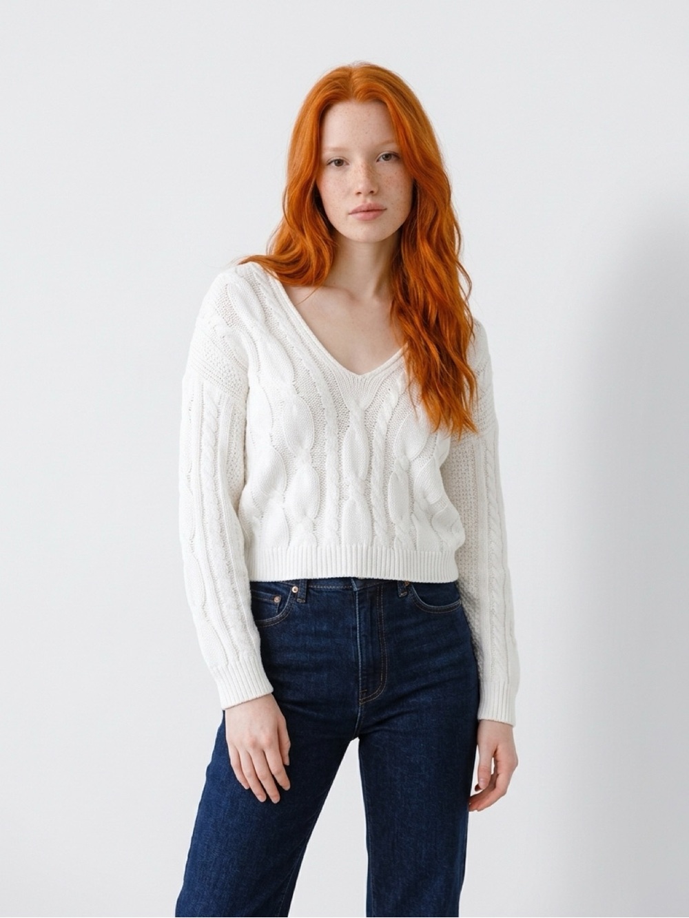 JCrew waist length white cable v-neck sweater
